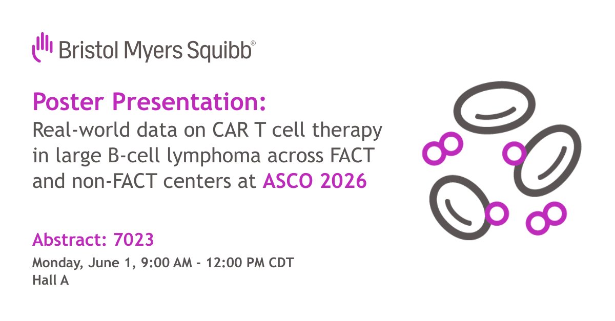 ScienceAtBMS's tweet photo. Today at #ASCO26, tune in for results from a large real-world study on the #CART treatment experience for 2L+ #LBCL across FACT and non-FACT centers in the United States.

Share your perspective on bringing CAR T closer to home for patients. https://t.co/TrnnqCza9i https://t.co/sEqV00aw1Q
