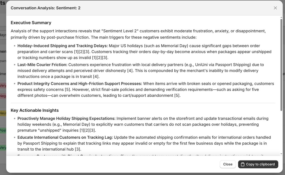 s_capatina's tweet photo. Actually useful customer service reporting: we attach sentiment to each conversation. You can see negative/positive buckets, the topics behind them, and conversation volume at a glance. Click on the number of convos to pull up a report with actionable insights. https://t.co/pn0d42ZwEx