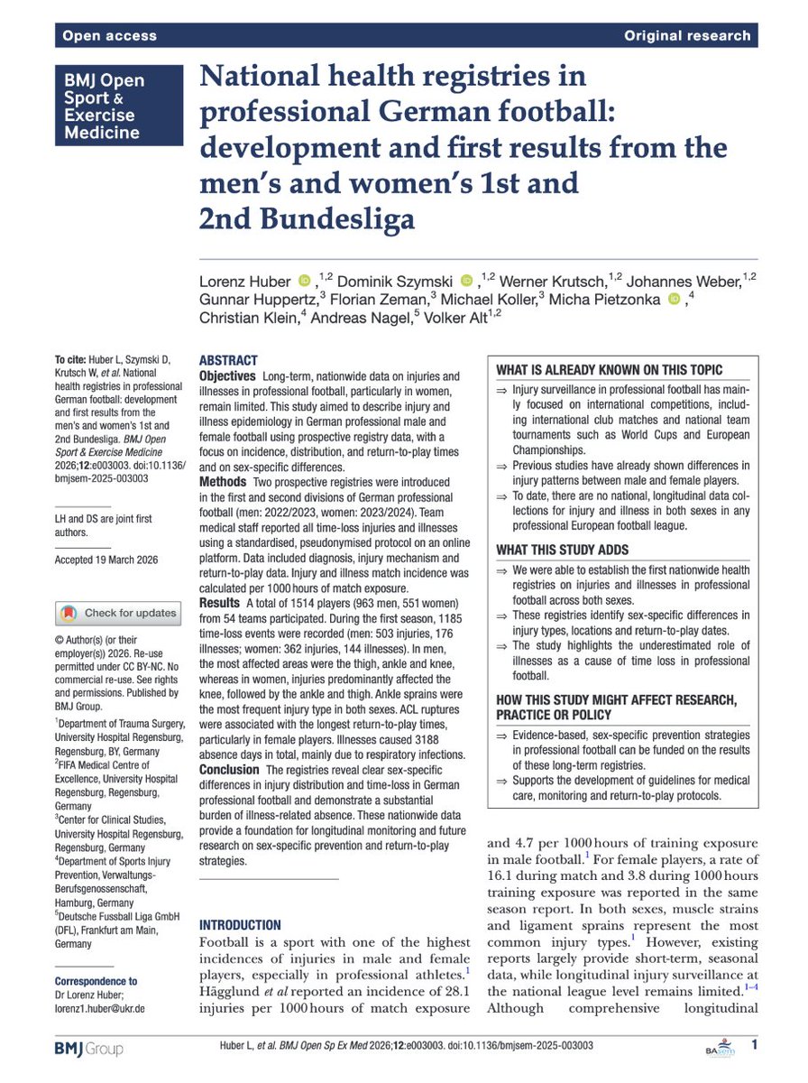Tatopek1's tweet photo. 🆕"This study aimed to describe injury &amp; illness epidemiology in German 🇩🇪 professional male &amp; female ⚽️ using prospective registry data, focusing on incidence, distribution, RTP times &amp; on sex-specific differences"
👉L. Huber et al. 2026 🇩🇪
📂Open Access: https://t.co/J1WJMsedBZ https://t.co/irs5jbihOC