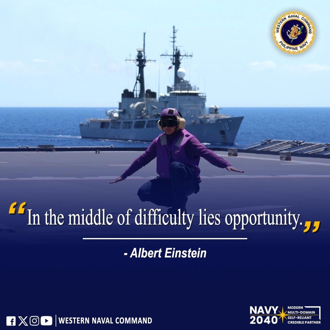 WestNavCom's tweet photo. READ | The Western Naval Command Motivational Quote for the Week

“In the middle of difficulty lies opportunity.”
            - Albert Einstein

#motivationalquote
#westnavcom 
#DefendersoftheWesternFrontier
#ModernMultiDomainSelfReliantCrediblePartner 
#OurSeasOurRightsOurFuture https://t.co/8DvU4CVS0c