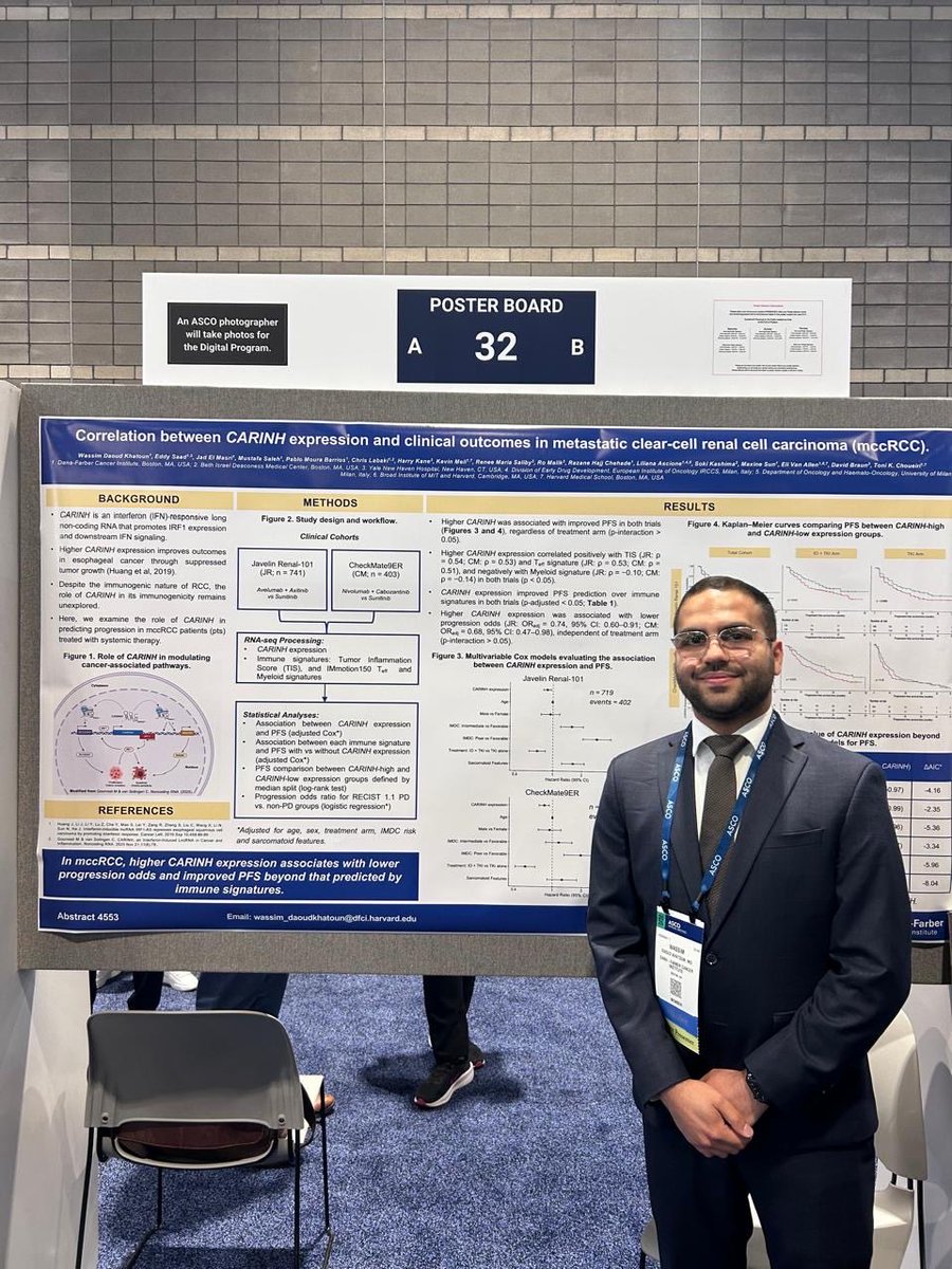 WDKhatoun's tweet photo. Honored to have presented our poster today at #ASCO26 about the role of CARINH in predicting progression in mccRCC. Grateful for the exemplary mentorship of @DrChoueiri and @BraunMDPhD!

@ASCO @DanaFarber_GU @DanaFarber @OncoAlert @IMG_Oncologists https://t.co/bK5fzUIoXf