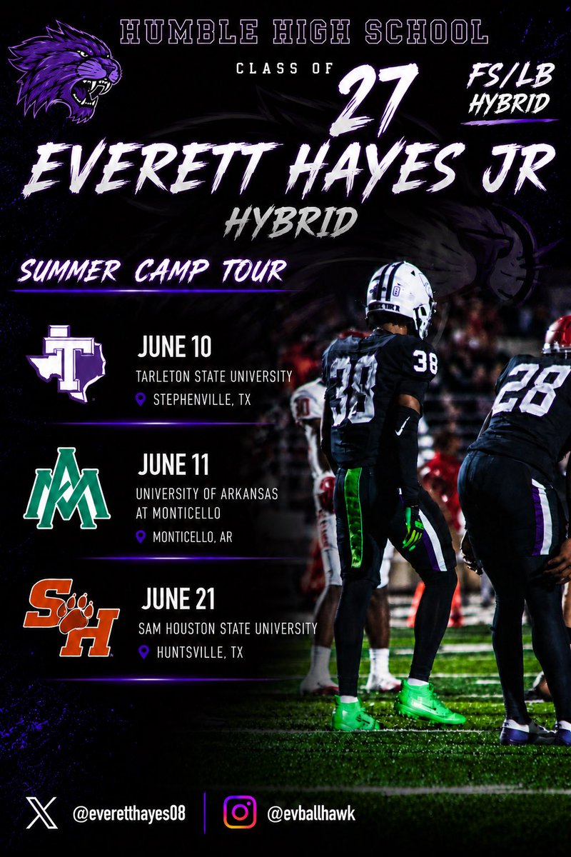 everetthayes08's tweet photo. Excited for the opportunity to compete in front of college coaches and continue building relationships.#AGTG #ProtecttheH #RecruitHumble🏈💜 @Coach_RobMurphy @g1ennwhite @FootballHumble https://t.co/mfB2t82Clp