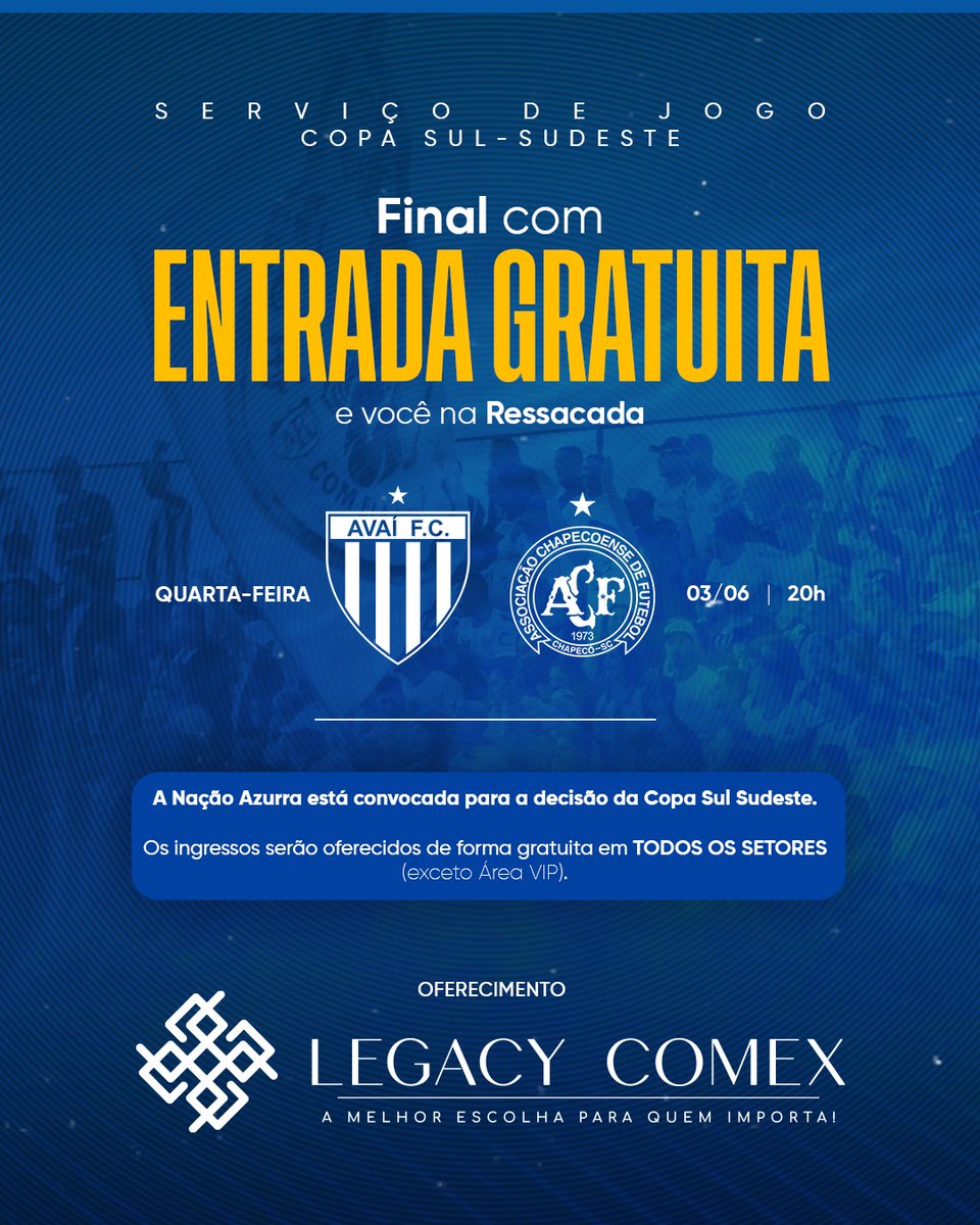 AvaiFC's tweet photo. 🦁🏟️ SERVIÇO DE JOGO DA FINAL!

Para esta partida, TODOS OS INGRESSOS serão GRATUITOS, oferecidos por meio da parceria entre o Avaí e a empresa Legacy Comex.

Saiba como resgatar o seu ingresso:
https://t.co/mICCJeDFYH 

#TodosPeloAvaí https://t.co/nAqzF6sIQm