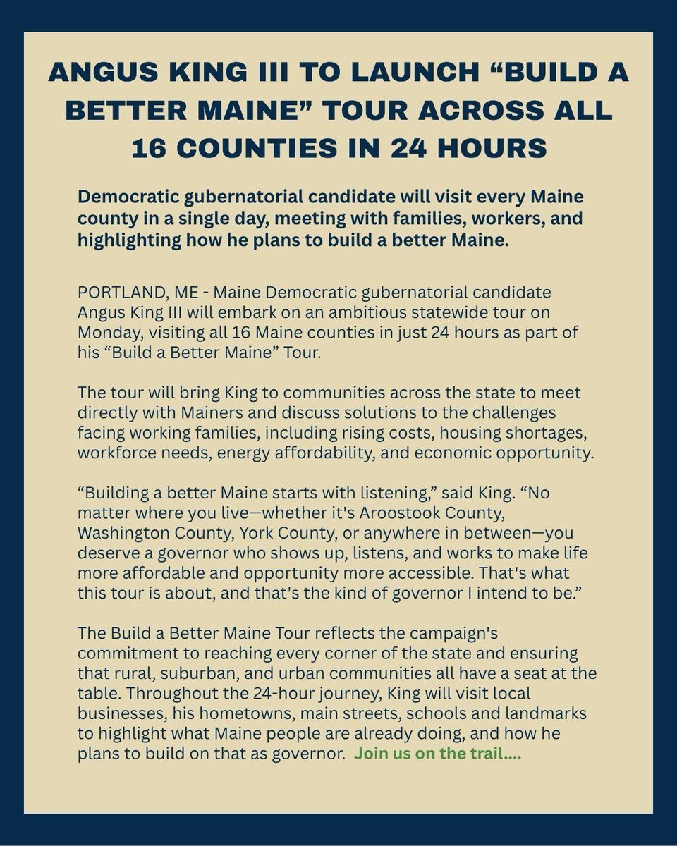 anguskingiii's tweet photo. 16 counties. 24 hours. Starting bright and early.
The Build a Better ME Tour will go live at 4:30am. Follow along.
#buildabettermaine #Maine2026 #AngusforGovernor https://t.co/3acdYs27RI