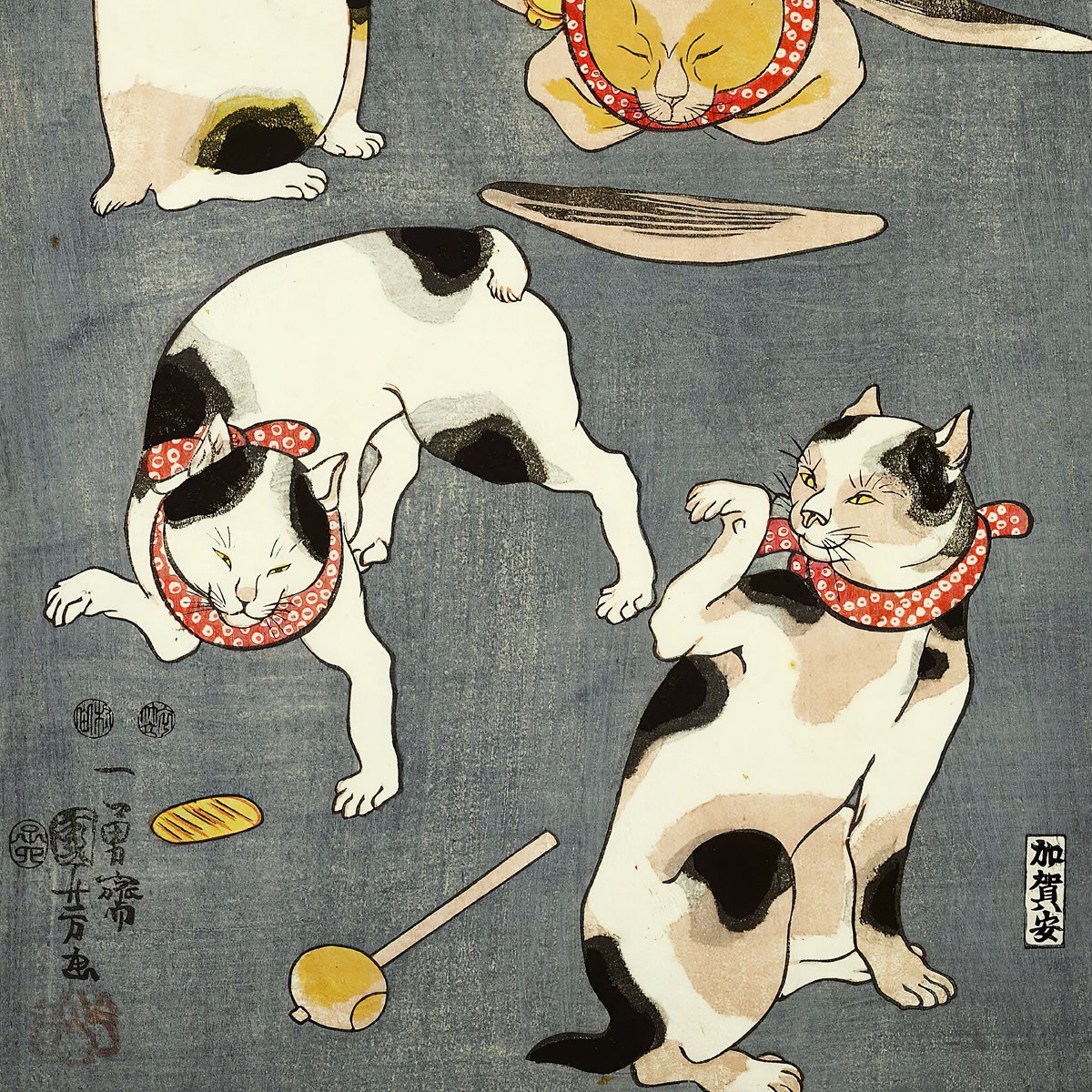 MuseLegacyArt's tweet photo. 大の猫好き絵師・歌川国芳の傑作がポスターに！

猫にまつわることわざを描いた『たとゑ尽の内』。手前のブチ猫は「猫に小判」です。

猫らしいリアルな仕草と愛嬌がたまらない1枚。

https://t.co/CD8XpuAJeF

#歌川国芳 #浮世絵ポスター #猫アート #猫インテリア #浮世絵 #和モダンインテリア https://t.co/9kooh5JlGT