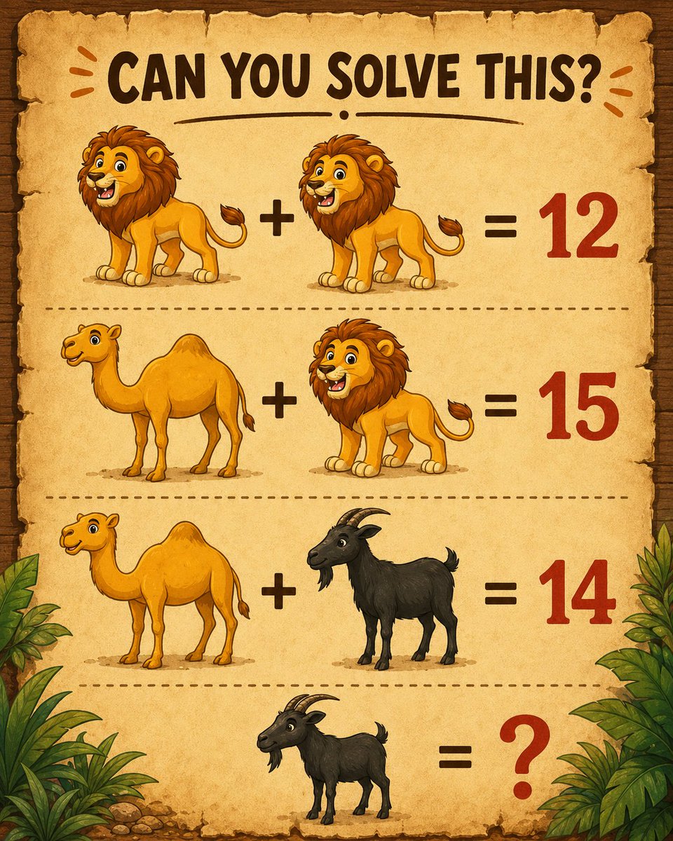 stickifyQuiz's tweet photo. 🦁🐪🐐 Animal Math Challenge!

Think you can crack this puzzle?

 Find the value of the goat before checking the comments! 🧠🔥 #BrainTeaser #MathPuzzle #IQChallenge https://t.co/uskTRADD5c