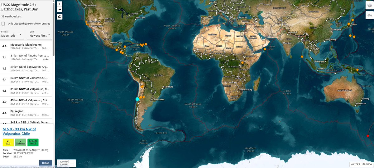 🚨【海外地震情報】 2026年6月1日6時34分頃、チリ・バルパライソ北西沖