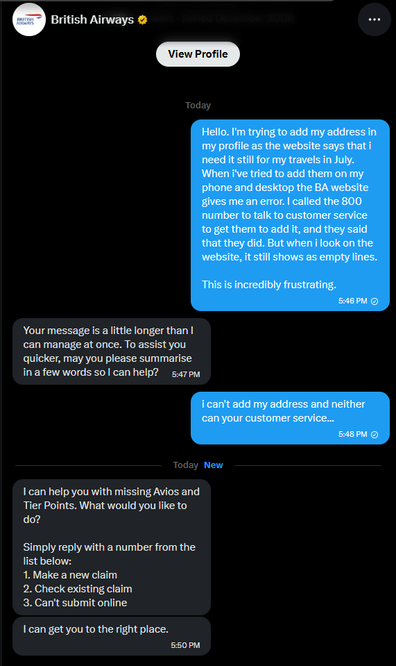 edharmer's tweet photo. @British_Airways your DM bot is atrocious. This is even more frustrating. https://t.co/0FW5BN8bLb