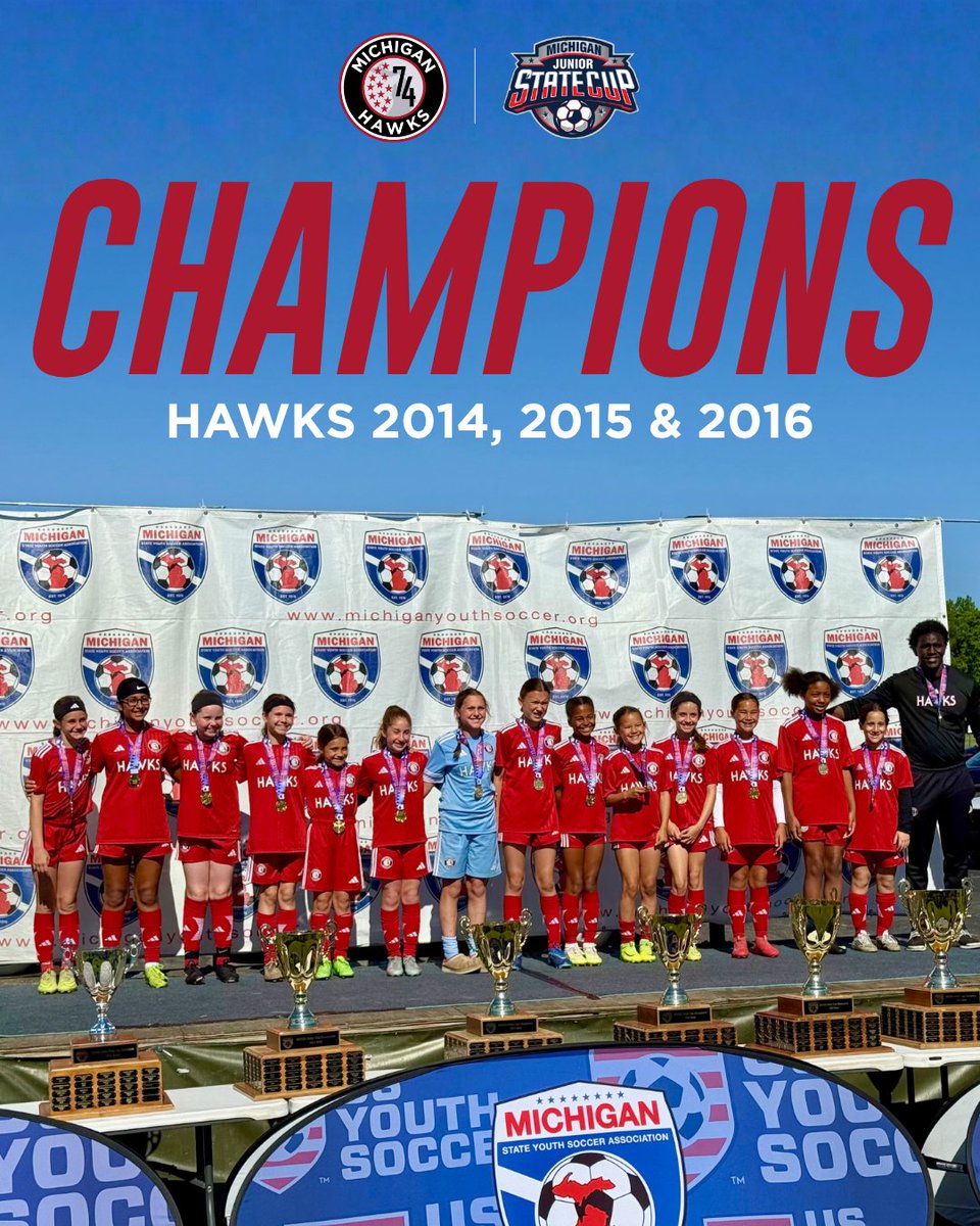 MIHawks1974's tweet photo. Michigan Junior State Cup Champions x3

Congratulations to our 2014, 2015, and 2016 Michigan Hawks teams on bringing home State Cup titles!

An incredible weekend of competition, commitment, and Hawks pride across all three age groups. Way to represent! https://t.co/lPTpIHPWA6