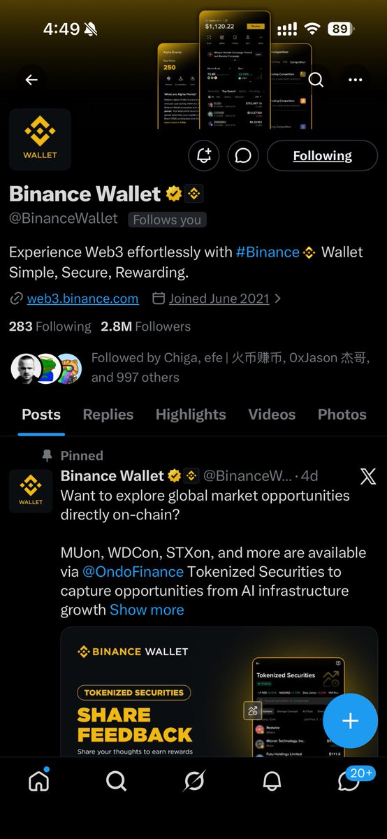 toastpunk's tweet photo. @chong_kiyosaki @BitgetRU @BitgetWallet @bitget @BitgetBuilders Well, not sure why but Binance Wallet follows me. 

Maybe I can get a follow form Bitget too. 😀 https://t.co/Kt2kDnMFYY