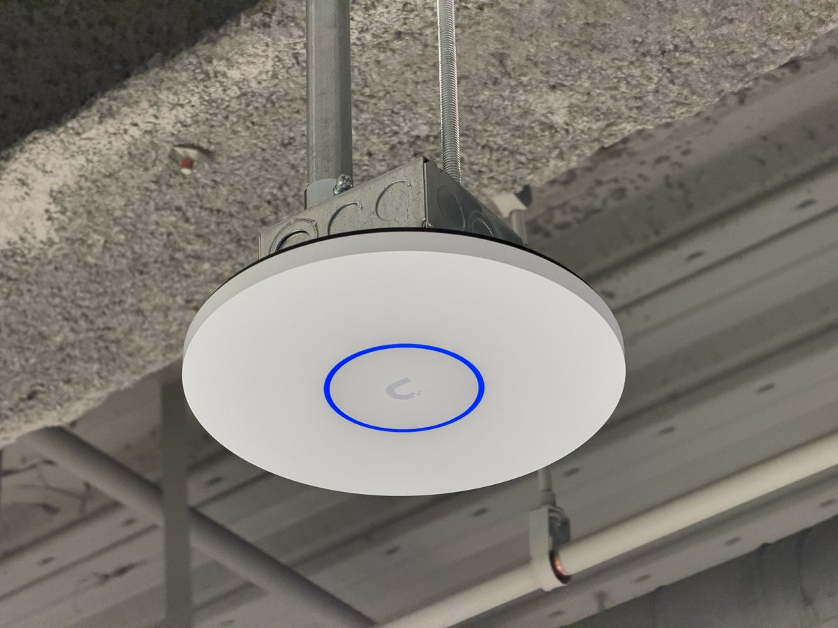 AdiumTech's tweet photo. Ceiling conduit mounted #Unifi U7 XGS’ and G6 Turrets in an open ceiling environment. The camera junction boxes really clean up the look compared to a traditional junction box. https://t.co/9MOTPRKTmQ