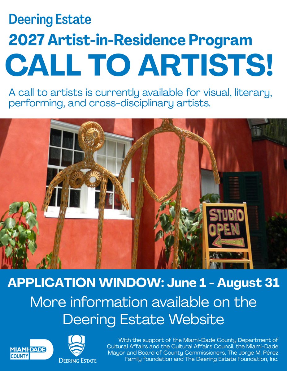 DeeringEstate's tweet photo. Applications for Deering Estate’s 2027 AIR program are now open!
Visual, literary, performing, and cross-disciplinary artists are invited to apply by Aug 31, 2026.
Join our info session on June 13 at 2 p.m. in the Deering Estate Visitor Center. RSVP on Eventbrite.
#ArtsAtDeering https://t.co/2ntF6DztOg
