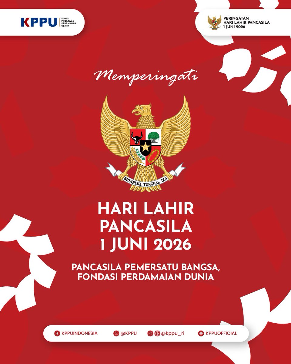 KPPU's tweet photo. Selamat Hari Lahir Pancasila, #SobatKompetisi! 

Pancasila mengajarkan kita untuk menghargai perbedaan, memperkuat persatuan, dan menjaga semangat gotong royong dalam kehidupan sehari-hari.

Mari terus mengamalkan nilai-nilai Pancasila sebagai pemersatu bangsa dan fondasi untuk mewujudkan kehidupan yang damai, adil, dan harmonis.

#KPPU #PersainganSehat #HariLahirPancasila2026 #PancasilaPemersatuBangsa