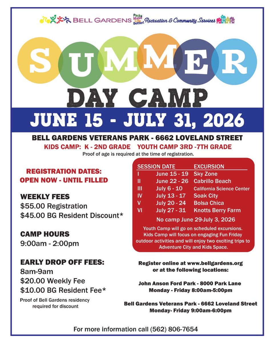 bellgardenscity's tweet photo. 🌞 Summer Day Camp is Back! 🎉

School’s out and summer fun is in at Bell Gardens Veterans Park. 🌳 Summer Day Camp is from June 15 until July 31, 2026. 📅 Both kids and youth camps run Monday to Friday from 9AM to 2PM, with early drop-off available (fees apply). 🌅 https://t.co/ovD4BBt0h7