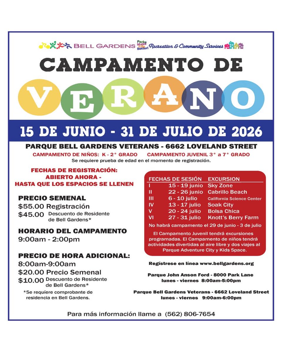 bellgardenscity's tweet photo. 🌞 Summer Day Camp is Back! 🎉

School’s out and summer fun is in at Bell Gardens Veterans Park. 🌳 Summer Day Camp is from June 15 until July 31, 2026. 📅 Both kids and youth camps run Monday to Friday from 9AM to 2PM, with early drop-off available (fees apply). 🌅 https://t.co/ovD4BBt0h7