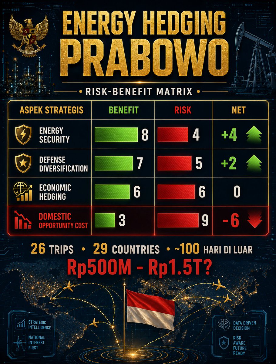 MasWibiX's tweet photo. 🧠Energy Hedging Prabowo — Genius atau Pemborosan Mahal?

Dalam 19 bulan (Okt 2024–Mei 2026), Presiden Prabowo telah lakukan 26 perjalanan ke 29 negara, menghabiskan hampir 100 hari di luar negeri. Malaysia 5x, UAE & Prancis 4x. Estimasi biaya APBN: Rp500 miliar – Rp1,5 triliun.

Ini "Energy-First Hedging Doctrine" di tengah krisis Iran & Hormuz. Tapi apakah hasilnya sepadan? Risk-Benefit Matrix 

Analisa:

>Positif: Amankan pasokan minyak & gas saat dunia kacau + diversifikasi pertahanan & ekonomi. 
>Kritis Berat: Hampir 1 dari 6 hari sebagai Presiden dihabiskan di luar. Di dalam negeri: rupiah lemah, BBM naik, WFH, pemulihan bencana Aceh lambat. Biaya satu kunjungan Prancis saja Rp5,8 miliar+. 
>Risiko Utama: Overstretch. Teman semua negara = tidak ada mitra spesial. Banyak MoU, realisasi masih dipertanyakan.

Kesimpulan:
High-stakes gamble. Kalau dalam 12 bulan energi murah & investasi cair massal, Prabowo menang besar. Kalau cuma foto & janji kosong, ini diplomasi elit di atas penderitaan rakyat.

Transparansi biaya + outcome per kunjungan WAJIB segera dirilis.

Kamu setuju ini investasi 2045 atau pemborosan sementara? 🇮🇩 #PrabowoHedging #BiayaAPBN #DiplomasiKritis