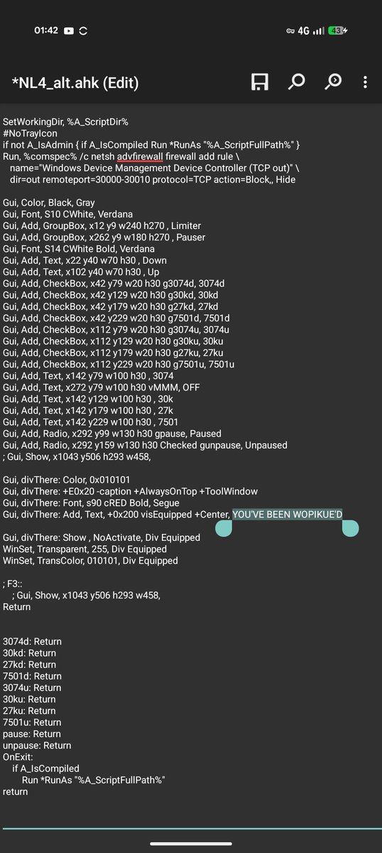 DailyKorj's tweet photo. @LowmanLegend @AlpenDitrix @justaddwatter How about you don't fucking straight up lie again?
And then block me lmao.
Did the kid baboozled you that "it's a keylogger" just to escalate it?

Can you not open an 2Kb .ahk packed into an exe yourself????

All it does was blocking 30000 in firewall on launch.
You're ridiculous https://t.co/tzjPjsXJJ4