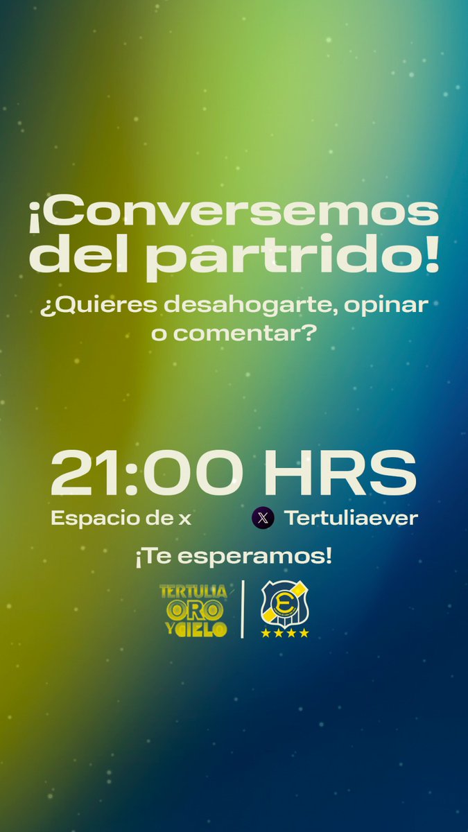 tertuliaever's tweet photo. Hoy estaremos comentando el "Triunfazo del Efore" en Rancagua en nuestro "Espacio de X"

21 hrs nos vemos 💪💙💛

#TertuliaOroyCielo🔵🟡 https://t.co/Qo1F9LNUJL