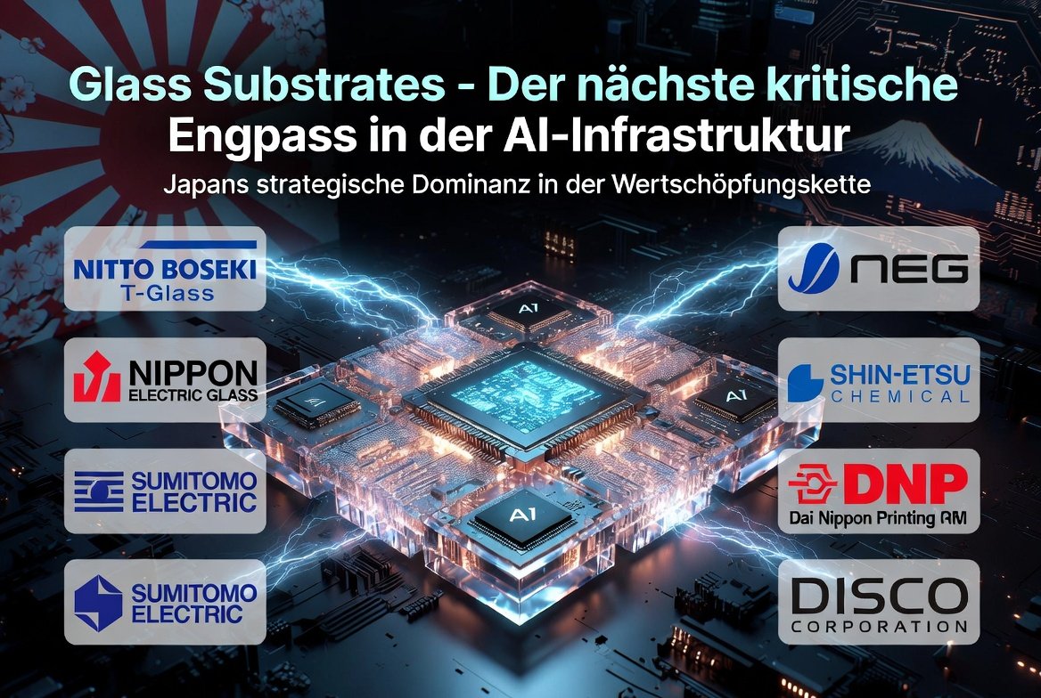 BCsickel's tweet photo. Glass Substrates – Der nächste kritische Engpass in der AI-Infrastruktur 

Während der Markt weiterhin stark auf GPUs, HBM und CoWoS fokussiert ist, zeichnet sich der nächste strukturelle Engpass in der AI-Infrastruktur immer deutlicher ab: Glass Substrates und die dafür notwendige Glass Fiber Cloth. Chips werden auf einer Basisschicht montiert, die als Schnittstelle zum Rest des Systems dient. Glass Fiber Cloth ist dabei eine entscheidende Komponente dieser Substrate. Es handelt sich um ein gewobenes Glasfasergewebe, das zusammen mit Harz und Kupferfolie die Stabilität, Isolation und Signalqualität des Boards sicherstellt.

Bei herkömmlichen organischen BT-Substraten besteht die Struktur aus Kupferfolie, Harz, einer weiteren Harzschicht und wieder Kupferfolie. Die Glass Fiber Cloth liegt dazwischen und übernimmt die kritische Aufgabe der mechanischen Verstärkung, der thermischen Stabilisierung und der Minimierung von Signalverlusten. Bei den neuen Glass Core Substrates wird der Kern aus einem speziellen Low-CTE-Glas gefertigt. Durch präzise gebohrte und metallisierte Durch-Glas-Vias (TGV) entsteht eine deutlich stabilere Plattform für hochkomplexe Multi-Die-Integrationen.

Der Shift zu Glass Core wird durch die aktuellen Anforderungen an AI-Serverboards erzwungen. Der Wechsel auf 224G PAM4 bei NVIDIA Rubin und vergleichbaren Systemen lässt die Toleranzen bei organischen Materialien verschwinden. Kupferleitungen müssen extrem hohe Signalfrequenzen übertragen, ohne dass das Signal zu stark gedämpft oder verzerrt wird. Gleichzeitig steigt die thermische Belastung dramatisch, weil moderne AI-Chips weit über 1000 Watt Leistung erreichen. Organische Substrate neigen bei diesen Bedingungen zu Warpage (Verzug), Delamination und Signalverlust. 

Glass Core löst diese Probleme durch deutlich bessere Dimensionsstabilität, niedrigere dielektrische Verluste und höhere thermische Stabilität.
Technisch gesehen ist vor allem der Coefficient of Thermal Expansion (CTE) entscheidend. Silizium hat einen sehr niedrigen CTE von etwa 2,6 ppm/K. Organische Materialien liegen typischerweise bei 15–20 ppm/K, was bei hohen Temperaturen zu starkem Verzug führt. Glass Core kann mit CTE-Werten von 3–5 ppm/K deutlich näher an Silizium herankommen. Zusätzlich ist der Dielektrizitätskonstante (Dk) und der Loss Tangent (Df) bei Glass deutlich niedriger als bei organischen Harzen. Das reduziert Signalverluste bei hohen Frequenzen massiv – ein entscheidender Vorteil bei 224G PAM4, wo jede Dezibel Dämpfung teuer wird.
Die AAIG-Research hat diesen Shift früh beschrieben: Hyperscaler-CapEx 2026 liegt bei über 600 Milliarden USD, der größte Teil davon fließt in AI-Packaging. Multi-Die-Integrationen erfordern feinere Leitbahnen und bessere Thermik, was organische Substrate an ihre physikalischen Grenzen bringt. Genau hier wird Glass Core zur nächsten logischen Stufe.

Die Supply Chain von Glass Substrates gliedert sich klar in drei Ebenen. Im Bereich Raw Materials dominieren Glas- und Quarzspezialisten wie AGC, Corning, Nippon Electric Glass (NEG), Hoya und PlanOptik. Im Manufacturing-Bereich sind SKC/Absolics, Samsung SEMCO, Dai Nippon Printing (DNP), JNTC, LG Innotek und Toppan aktiv. Die Processing- und Equipment-Seite wird von LPKF, Philoptics, YMT, Schmid, MKS Instruments und E&R bedient. 
Japan hält in dieser Kette eine herausragende Position. Nitto Boseki dominiert mit T-Glass das hochperformante Glasfasergewebe, das nicht nur in organischen Substraten, sondern auch im Übergang zu Glass Core eine zentrale Rolle spielt. Der aktuelle Shortage bei high-end Low-CTE / Low-Dk Glass Fiber (verstärkt durch den 224G-Upgrade-Zyklus) schafft Spillover-Effekte für taiwanesische Zweitquellen wie Fulltech Fiber, Baotek und Grandsys. Dennoch bleibt Nitto Boseki der dominante Player mit jahrzehntelanger Prozesserfahrung und hohen Switching Costs.
Sumitomo Electric hat ein Joint Venture mit Samsung Electro-Mechanics für Glass Core Materialien.