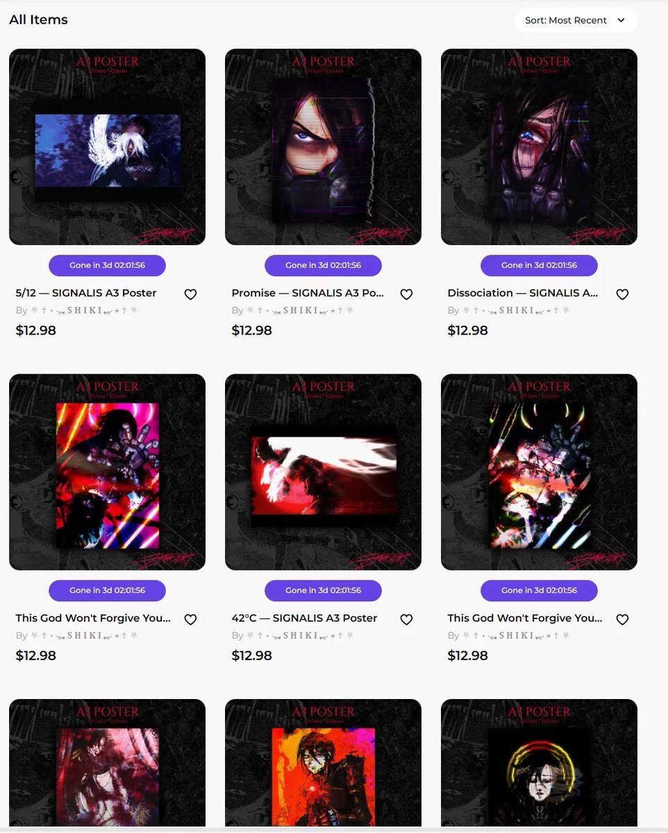 Zabishiki's tweet photo. Only 3 more days until Signalis posters leave my shop! They will NOT be returning anytime soon so it's your time!

Posters from other franchises will be up until supplies last, and original posters will be up permanently. https://t.co/nc6chcO9DE