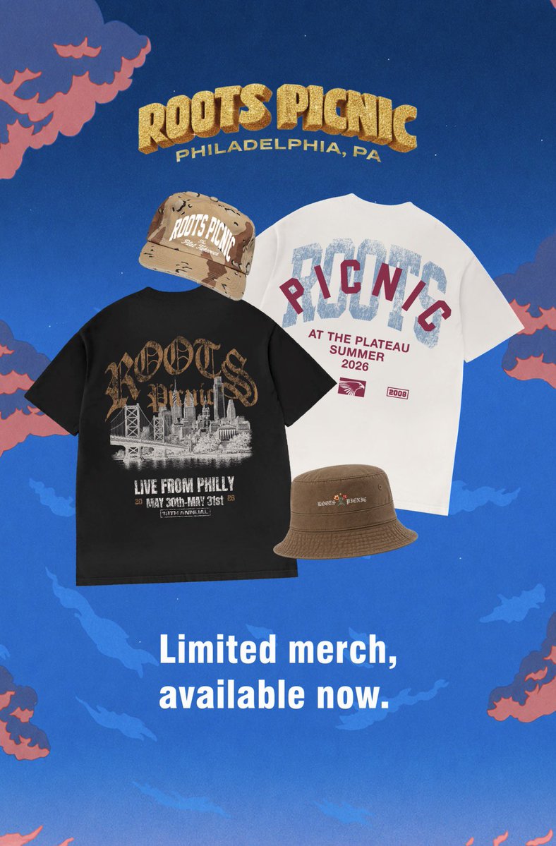 rootspicnic's tweet photo. Your #RootsPicnic fit isn’t complete without the official merch! 🔥 

From exclusive tees to festival must-haves, pull up and and take a piece of the weekend home. 🌳🧺

Available online at https://t.co/m0YTCeKt9c! ✨

#RootsPicnic2026 #Philly https://t.co/OWQqUCGjVc