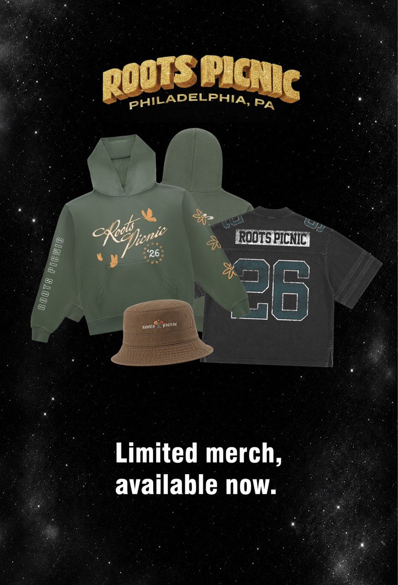 rootspicnic's tweet photo. Your #RootsPicnic fit isn’t complete without the official merch! 🔥 

From exclusive tees to festival must-haves, pull up and and take a piece of the weekend home. 🌳🧺

Available online at https://t.co/m0YTCeKt9c! ✨

#RootsPicnic2026 #Philly https://t.co/OWQqUCGjVc