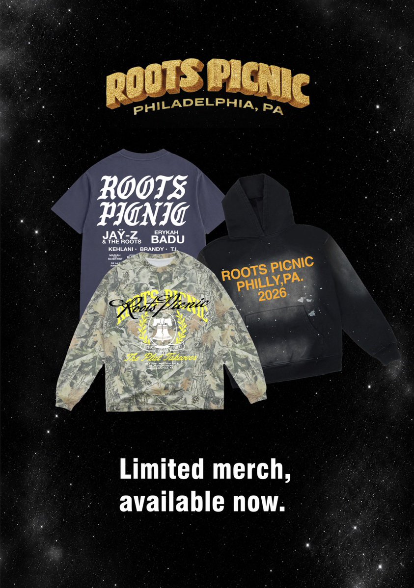 rootspicnic's tweet photo. Your #RootsPicnic fit isn’t complete without the official merch! 🔥 

From exclusive tees to festival must-haves, pull up and and take a piece of the weekend home. 🌳🧺

Available online at https://t.co/m0YTCeKt9c! ✨

#RootsPicnic2026 #Philly https://t.co/OWQqUCGjVc