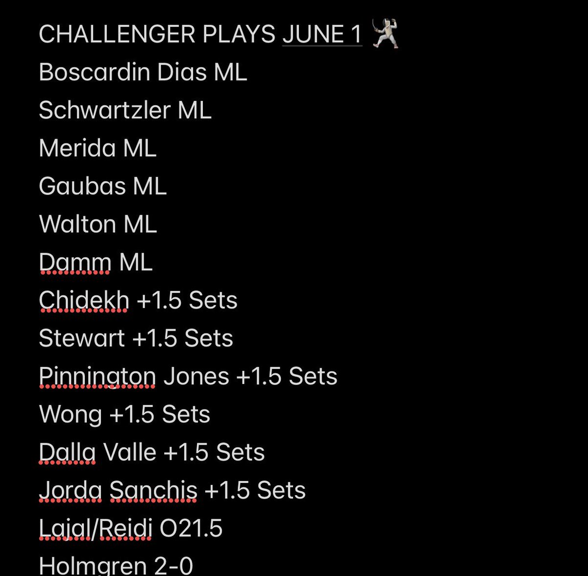 herchalpicks's tweet photo. Let’s start June off with a bang 🤺💣🌱
#atp #challengertour #tennis #tennisbetting #parlays https://t.co/NOLwzHTjbA