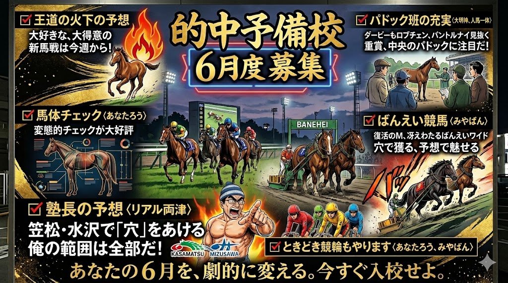 hangkilo's tweet photo. 的中予備校6月度、6月1日～始動！
✅パドック班
✅血統、王道班
✅馬体班
✅ばんえい競馬班
プロの予想家が集結した「的中予備校」
いつでも門をたたいてください。
新年度から競馬でプラス収支を決めたい方！
是非お待ちしています。
要項は⇩から
https://t.co/wDBFVuzhUY https://t.co/BRC5S4byqt