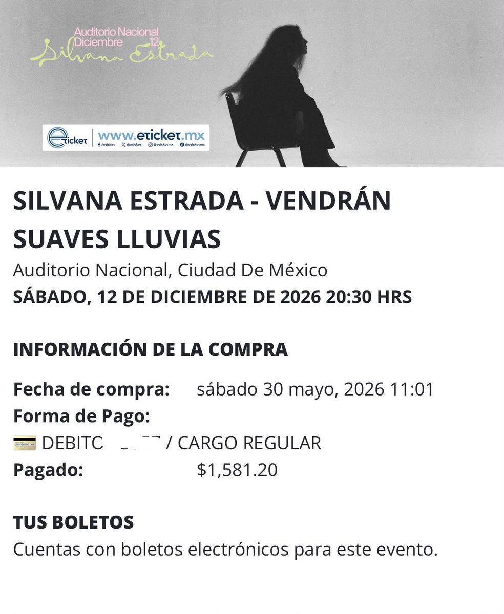 Maria28539156's tweet photo. Hola gente, oigan compramos sin querer 3 boletos para Silvana Estrada y nos sobra este. 

Si están interesados porfis mándenme un mensaje ‼️‼️✨ https://t.co/Q0orGFTFtT