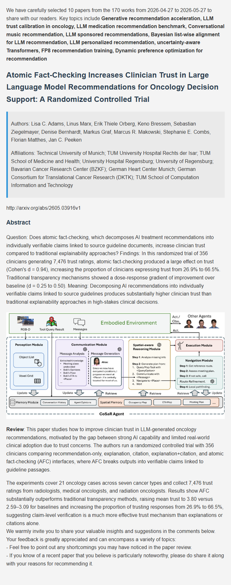 BayCoralee26992's tweet photo. Recommendation latest research progress | 2. Atomic Fact-Checking Increases Clinician Trust in Large Language Model Recommendations for Oncology Decision Support: A Randomized Controlled Trial
#AI  #DeepLearning  #ArtificialInteligence  #Datascience  #Research  #recsys https://t.co/ePhswBnhOD