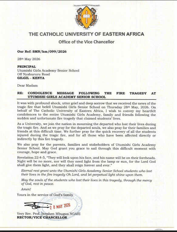 cuea_official's tweet photo. The Catholic University of Eastern Africa extends its heartfelt condolences to the Utumishi Girls Academy community following the tragic loss of young lives in the recent fire incident.  We remember in prayer the students who have passed on, their families, friends, teachers, and all who are grieving this profound loss.  May they rest in eternal peace, and may God's comfort and strength be with all those affected. 🕊️ 
#CUEA