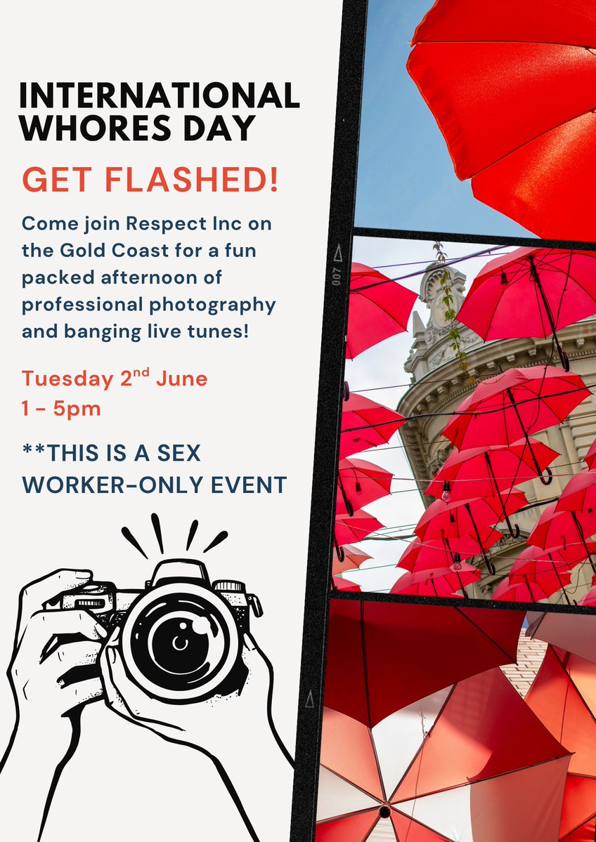 respectqld's tweet photo. 🎉Yugambeh (Gold Coast) International Whores Day Celebration 🎉 
S*X W*RKER-ONLY EVENT
🗓️Tuesday 2 June
⏱️1-5pm

RSVP for the exclusive location!

We will have food, drinks, live music, a s*x w*rker photographer to get pics for your ads (if you want to), freebies and a gorgeous studio backdrop for all your SFW content needs.
Although lingerie and sexy outfits are encouraged, nips and bits will need to be covered.
Don't forget to bring some outfits if you want your photos taken!

RSVP info@respectqld.org.au
Let us know if you have any dietary requirements for catering.