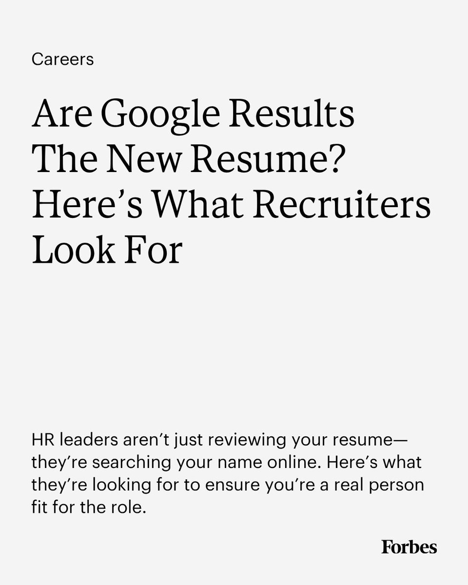 Forbes's tweet photo. Before a recruiter or hiring manager schedules an interview, or even reads your application in full, they may already know more about you than you think. Forbes spoke to a few experts about what they look for when they Google a candidate's name and why your digital presence is a critical part of your professional brand.

Read more: https://t.co/E0xNU3HvdA