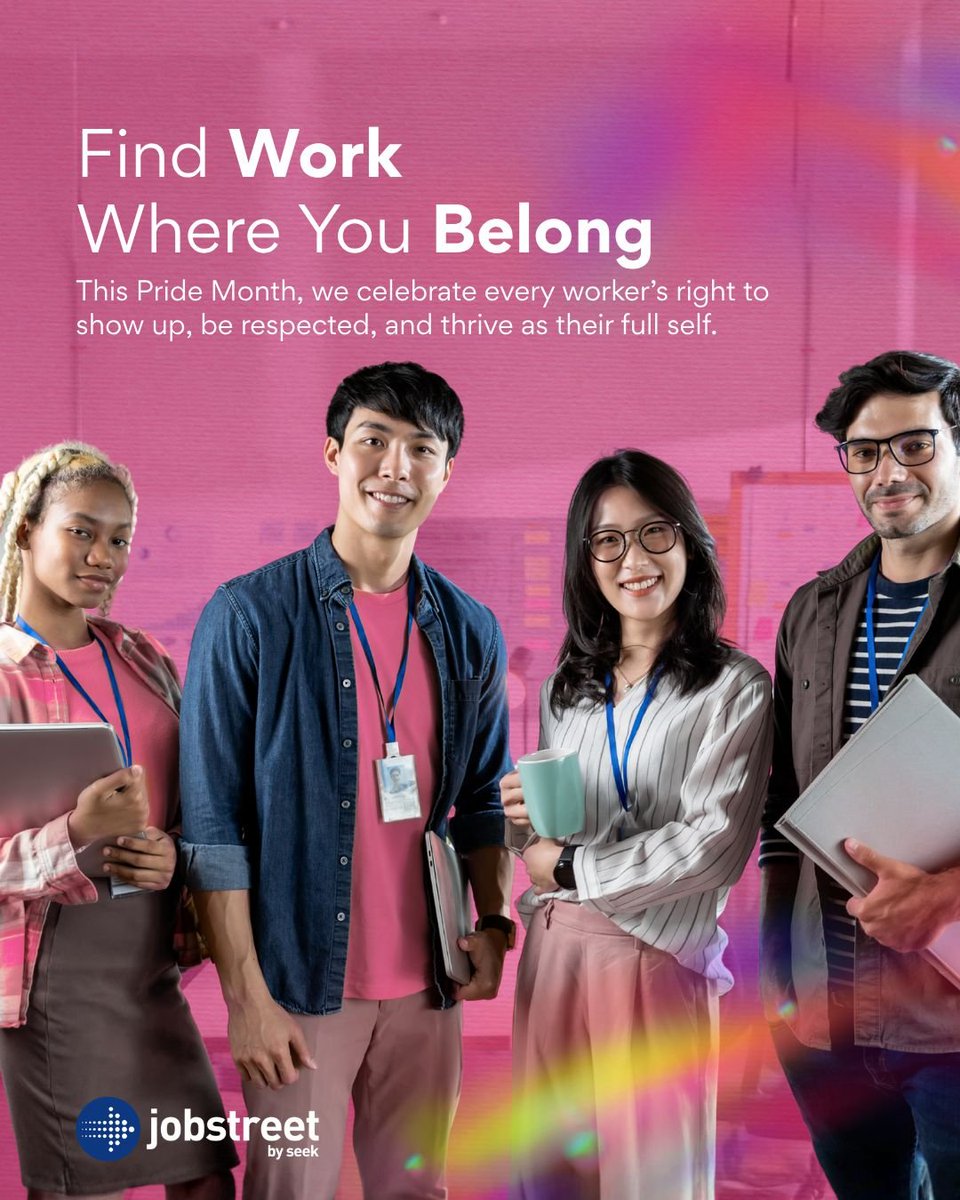 JobstreetPH's tweet photo. Work should be a place where people feel seen, valued, and respected. This Pride Month, we celebrate every career journey made brighter by inclusion. 🌈

#JobstreetBySEEK #JobstreetPH #FindBetterJobMatches #PrideMonth https://t.co/3rXDVSerml