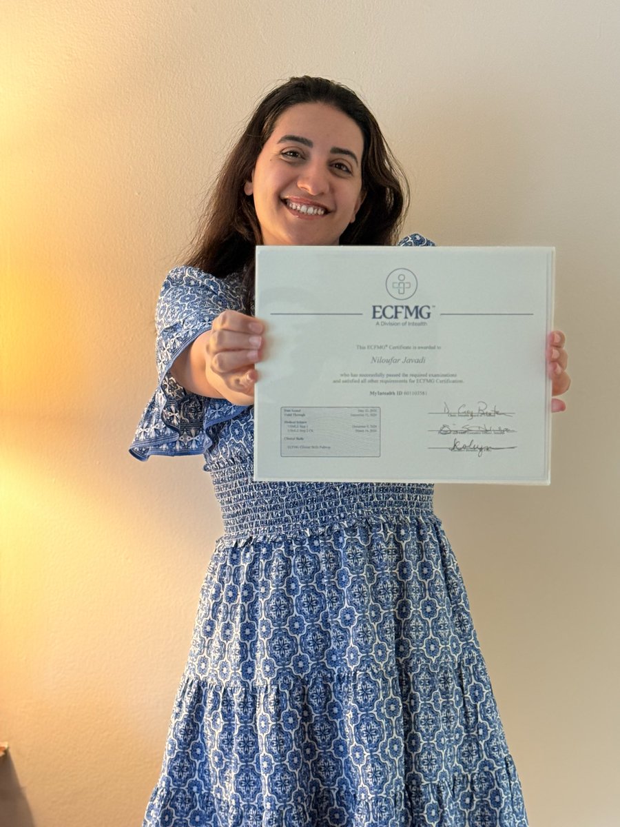 NiloofarJavadi's tweet photo. After a decade of dreaming and years of studying, working hard, crying and struggling, I am officially ECFMG certified! 🎉

I gave my blood, sweat and tears for this 📄!
Grateful for my family, my incredible husband and brilliant mentors who supported me along this journey🤍 https://t.co/SrFKB6mAhB