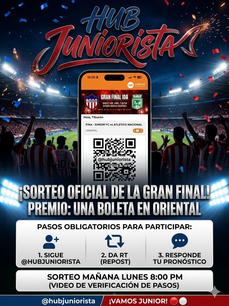 HubJuniorista's tweet photo. 🚨 ¡LO PROMETIDO ES DEUDA, TIBURONES! 🦈

En honor a todos los que apoyaron la iniciativa, ¡aquí está el SORTEO OFICIAL de la boleta en Oriental para la GRAN FINAL! 🎟️🔥 Vamos a reventar el Metro.

Queremos armar la comunidad rojiblanca más firme de X. Para participar y llevarte la entrada, debes cumplir obligatoriamente estos 3 pasos:

1️⃣ Sigue a esta cuenta: @hubjuniorista
2️⃣ Dale RT (Repost) a esta publicación.
3️⃣ Responde aquí abajo: ¿Cuál es tu pronóstico para el partido y quién hace el primer gol de Junior? ⚽️⭐️

⚠️ IMPORTANTE: Durante el sorteo verificaremos los pasos. Si el usuario seleccionado al azar no cumple con los 3 requisitos (Seguir, RT y Comentar), queda descalificado y se sorteará nuevamente al instante.

🗓️ Cierre y Ganador:
El ganador lo sacaremos mañana lunes 1 de junio a las 8:00 PM de forma aleatoria entre los comentarios. Subiré el video del proceso para garantizar 100% de transparencia.

Mucha suerte a todos! Que ruede el balón y vamos por el título. 🔴⚪️