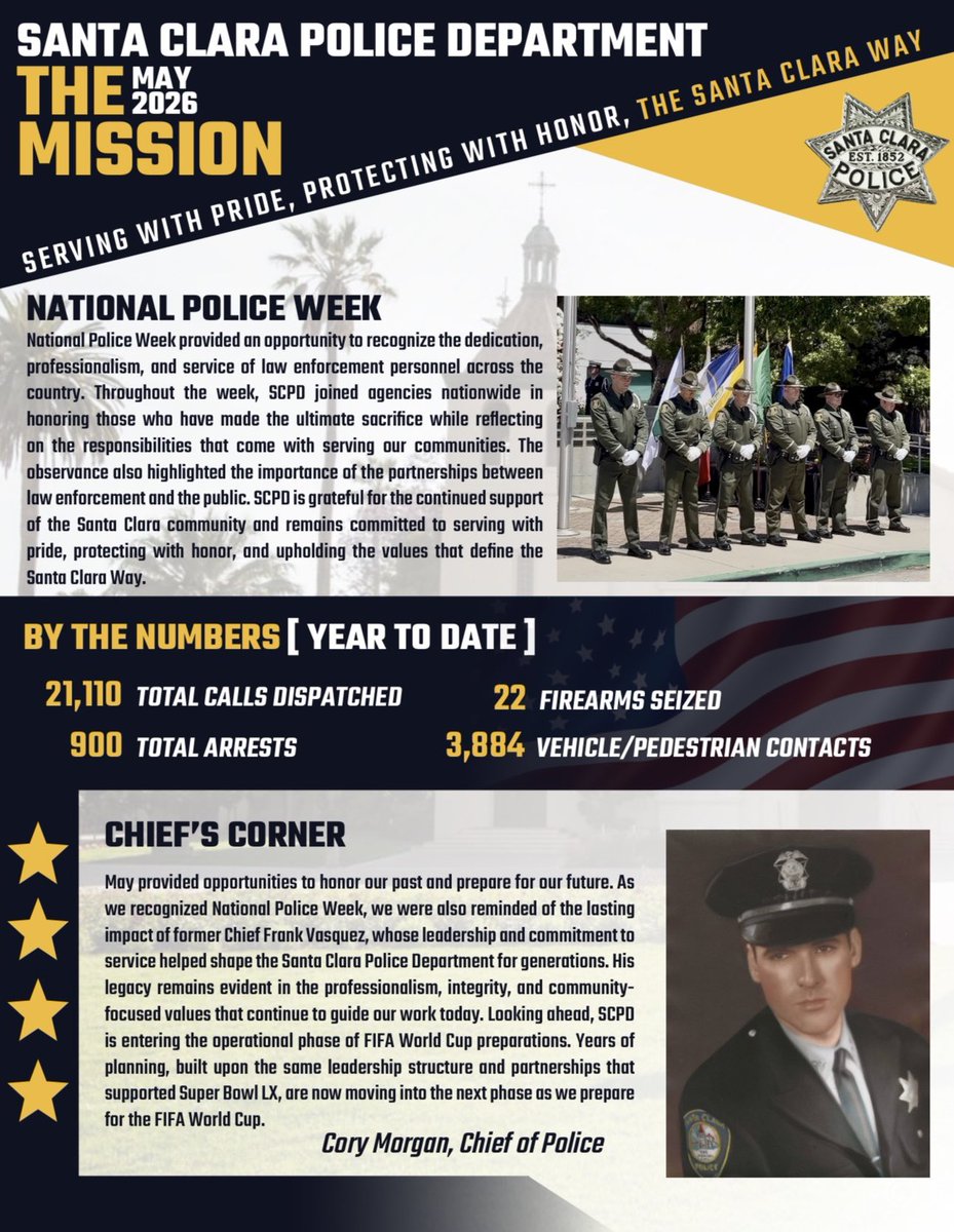 SantaClaraPD's tweet photo. The Mission, May Edition, is here. Read about recent community outreach efforts, crime prevention initiatives, employee achievements, and the ongoing work that helps keep Santa Clara safe. 

View web/past editions here: https://t.co/YRQh8JyZ74 https://t.co/87ibuMdGOd