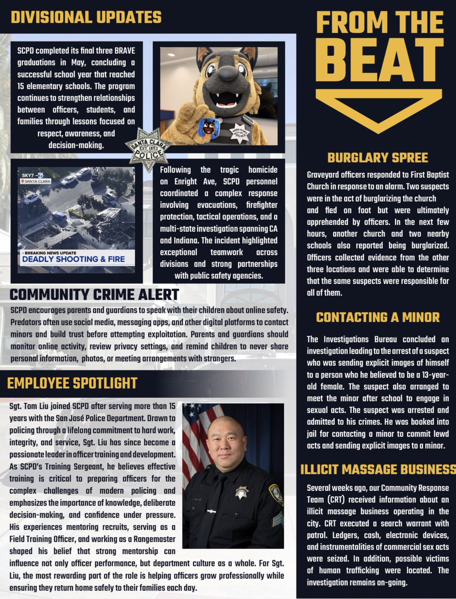 SantaClaraPD's tweet photo. The Mission, May Edition, is here. Read about recent community outreach efforts, crime prevention initiatives, employee achievements, and the ongoing work that helps keep Santa Clara safe. 

View web/past editions here: https://t.co/YRQh8JyZ74 https://t.co/87ibuMdGOd