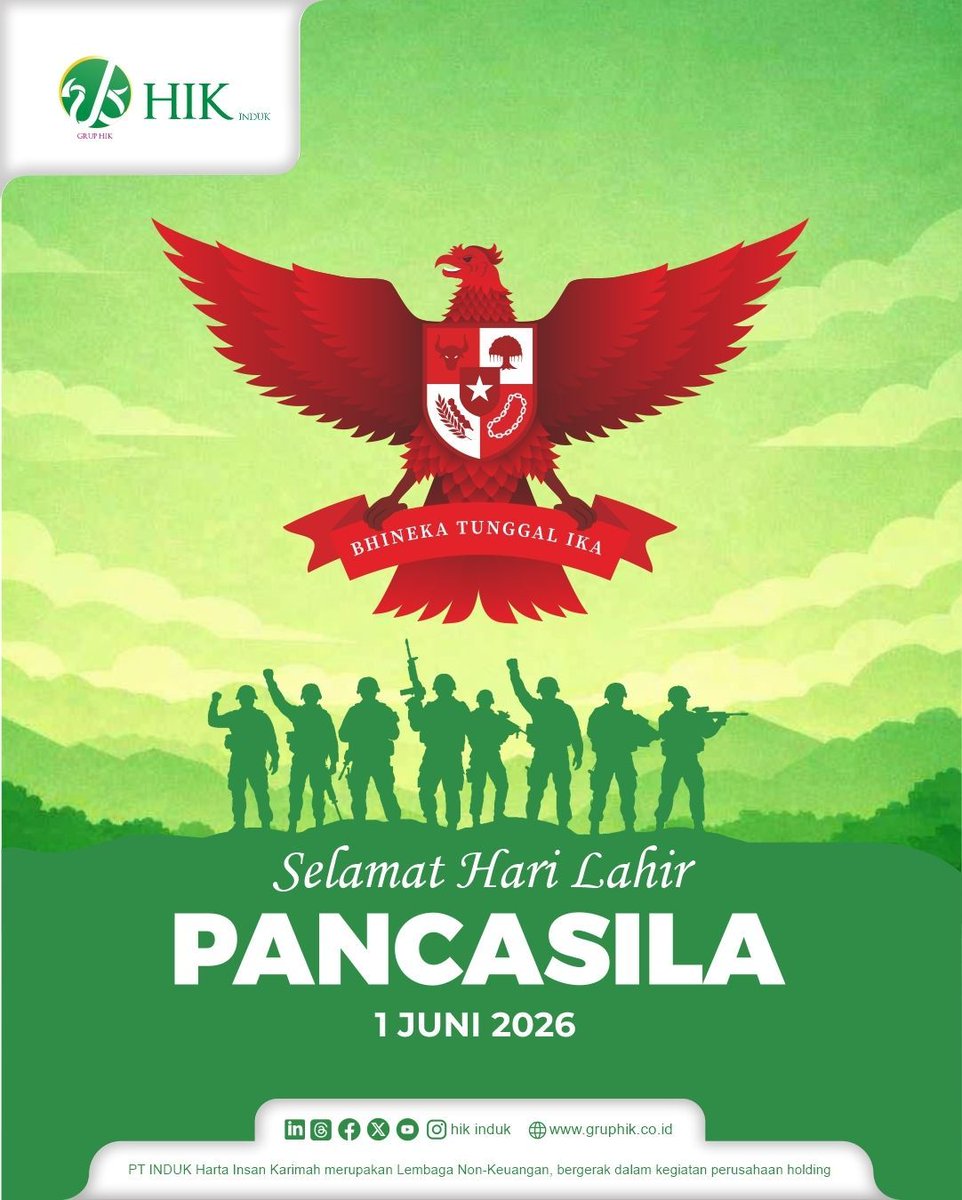 hikinduk's tweet photo. Selamat Hari Lahir Pancasila - 1 Juni 2026.

Hari Lahir Pancasila adalah pengingat bahwa persatuan, keadilan, dan gotong royong adalah fondasi bangsa. Mari kita terus meneguhkan nilai Pancasila dalam setiap langkah, menghadirkan keberkahan bagi umat dan negeri. https://t.co/Dq9qIvIOLx
