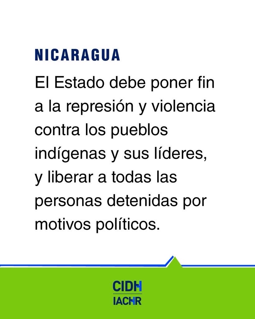 CIDH's tweet photo. #Nicaragua: #CIDH condena la muerte de Brooklyn Rivera, diputado de la Asamblea Nacional, líder indígena miskitu y presidente de Yatama, quien se encontraba en situación de desaparición forzada desde septiembre de 2023 y era beneficiario de medidas cautelares de la Comisión y medidas provisionales de la @CorteIDH 

Este grave hecho se suma al patrón de violencia ejercida contra la población indígena en la Costa Caribe del país, orientado a imponer el terror y la represión como mecanismos de control para debilitar el tejido social y comunitario, y despojar a los pueblos indígenas de sus tierras, territorios y recursos naturales.