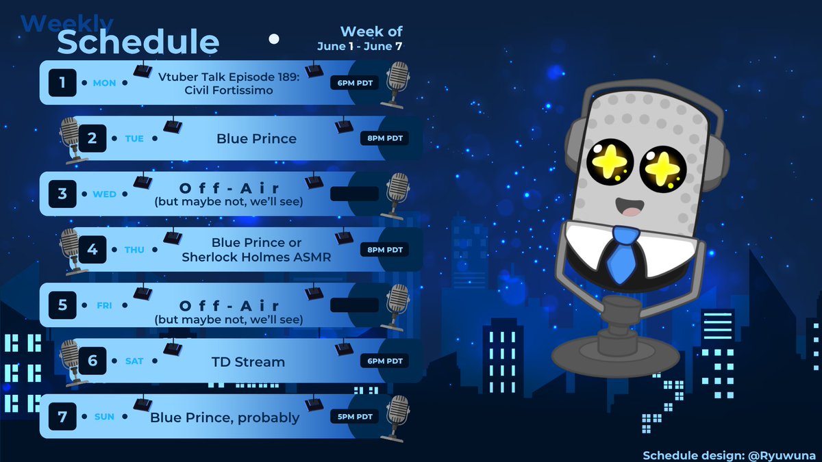VtuberTalk's tweet photo. A fun week ahead!

Starting the week off right chatting with @Civilfortissimo, plus some Blue Prince (obviously), and then seeing where things go from there!

Impulsively trying to put something together later in the week that might or might not happen. But that's the fun of it! https://t.co/X7WH4MyJMZ