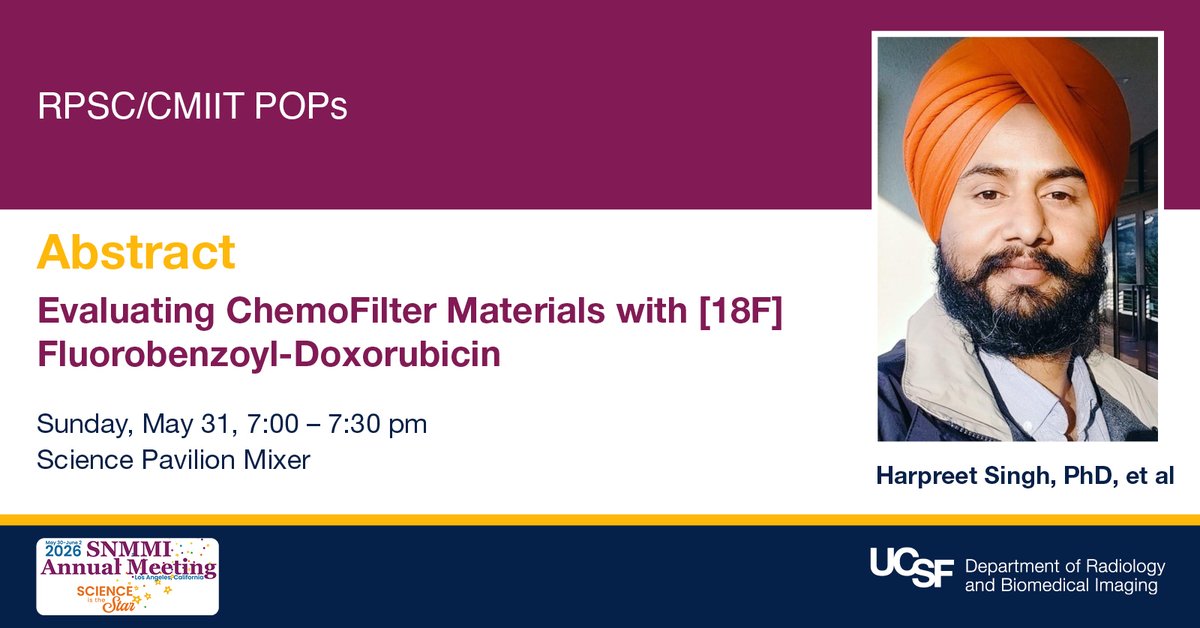 UCSFimaging's tweet photo. Don't miss Dr. Harpreet Singh at the RPSC/CMIIT Science Pavilion Mixer tonight. His research evaluates ChemoFilter materials with [18F]Fluorobenzoyl-Doxorubicin as a potential tool in locoregional cancer treatment. #SNMMI26 @SNM_MI https://t.co/VaRW6PhLDo