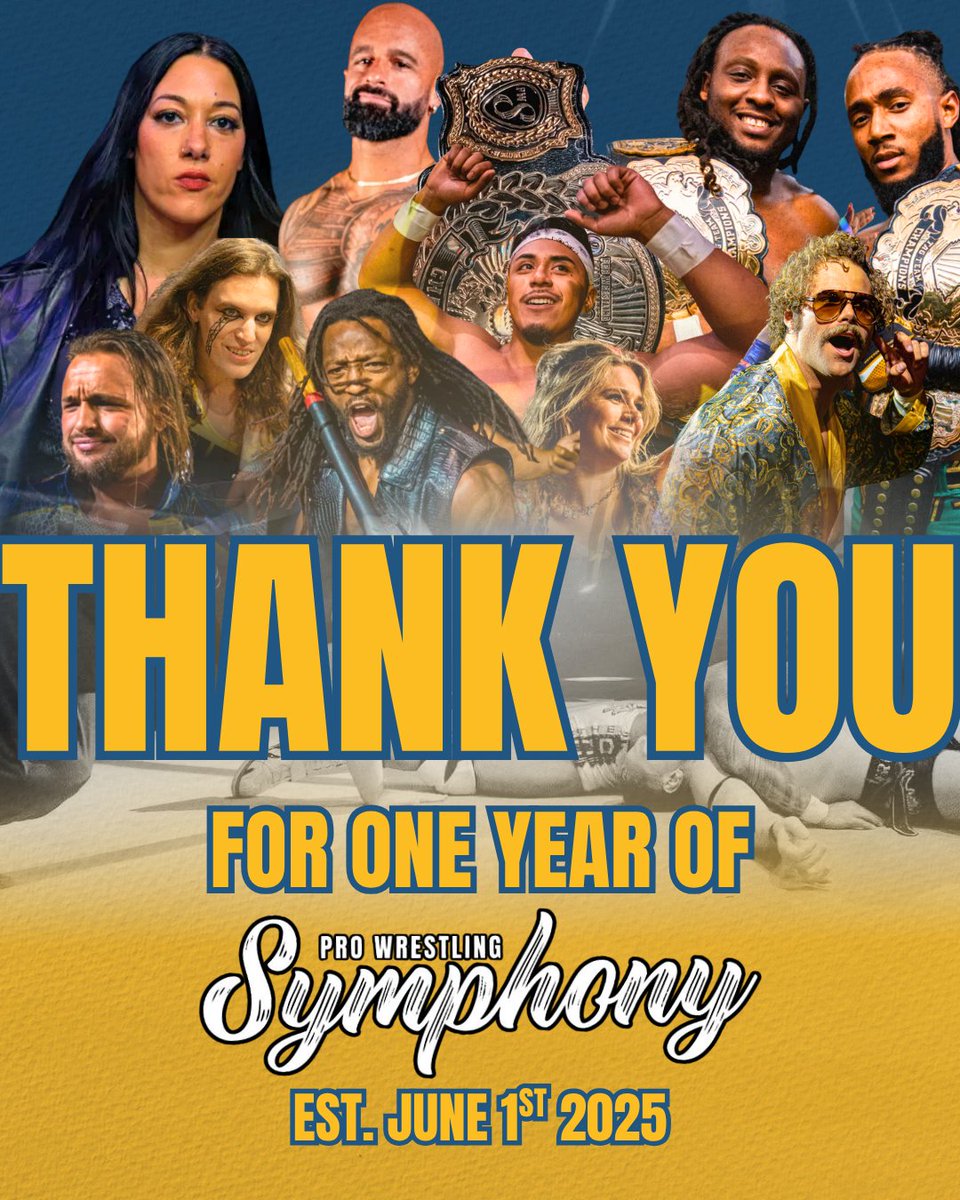 PWSymphonyLive's tweet photo. Year One ✅

Whether you've wrestled, worked, hosted, sponsored or simply attended one of our shows, from the bottom of our hearts, THANK YOU!

Here's to many more! We'll see yall this Saturday at The Nashville Fairgrounds!

https://t.co/4ISQBn4rcU https://t.co/yEoHuVwuPi