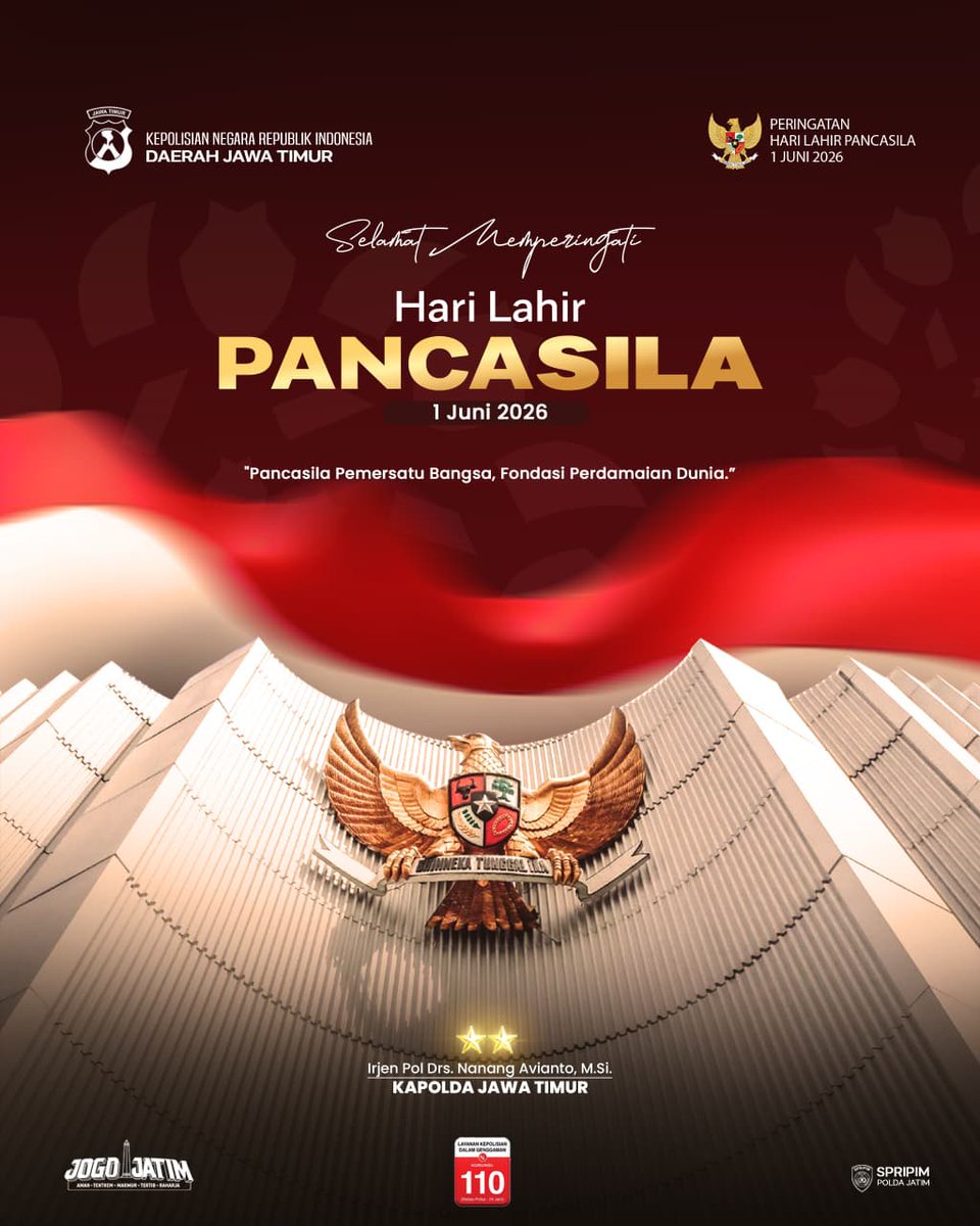 Humas_Muncar's tweet photo. SELAMAT MEMPERINGATI HARI LAHIR PANCASILA

Pancasila Pemersatu Bangsa, Fondasi Perdamaian Dunia
-01 Juni 2026-

#PolriUntukMasyarakat #PoldaJatim #PolrestaBanyuwangi #HumasPolrestaBanyuwangi #kombespoldrrofiqriptohimawan https://t.co/Jke6vvkdYb
