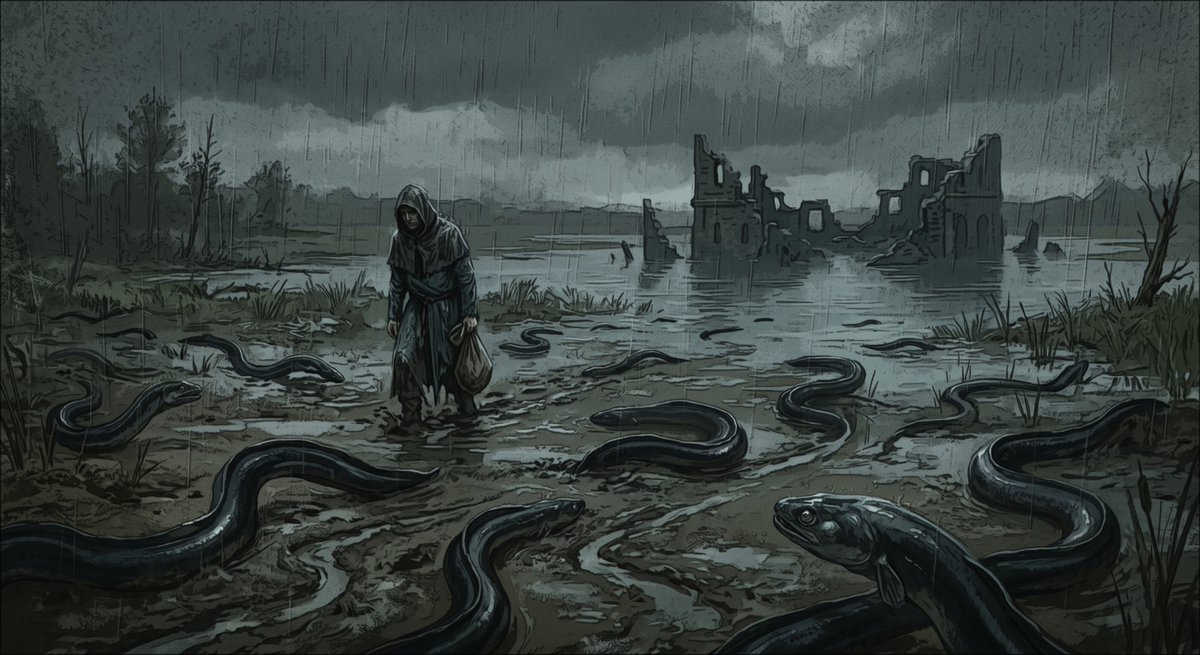 CreaturesChrons's tweet photo. Big black hypnotic eels ...

It started raining 2 years ago and hasn't stopped since.

In the beginning, it was just wet and annoying. Now, everything is mud.

And as if the rain and the mud weren't enough, the black eels started showing up

... and everything got a lot stranger https://t.co/WtUDDLQNHR