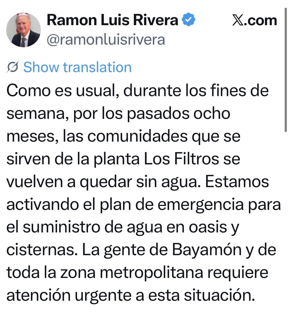 LeninPR's tweet photo. SE COMPLICA LA COSA PARA LA AAA.

@ramonluisrivera, alcalde de Bayamón, y su esposa, Subsecretaria de Estado, se unen a @Miguel_Romero_ denunciando la caótica situación en @AcueductosPR.

¿Que pensará ahora La Fortaleza ante la crítica de otro importante “aliado”? https://t.co/5ehMNqyzl7