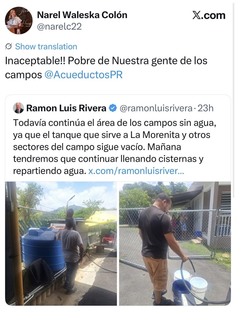 LeninPR's tweet photo. SE COMPLICA LA COSA PARA LA AAA.

@ramonluisrivera, alcalde de Bayamón, y su esposa, Subsecretaria de Estado, se unen a @Miguel_Romero_ denunciando la caótica situación en @AcueductosPR.

¿Que pensará ahora La Fortaleza ante la crítica de otro importante “aliado”? https://t.co/5ehMNqyzl7