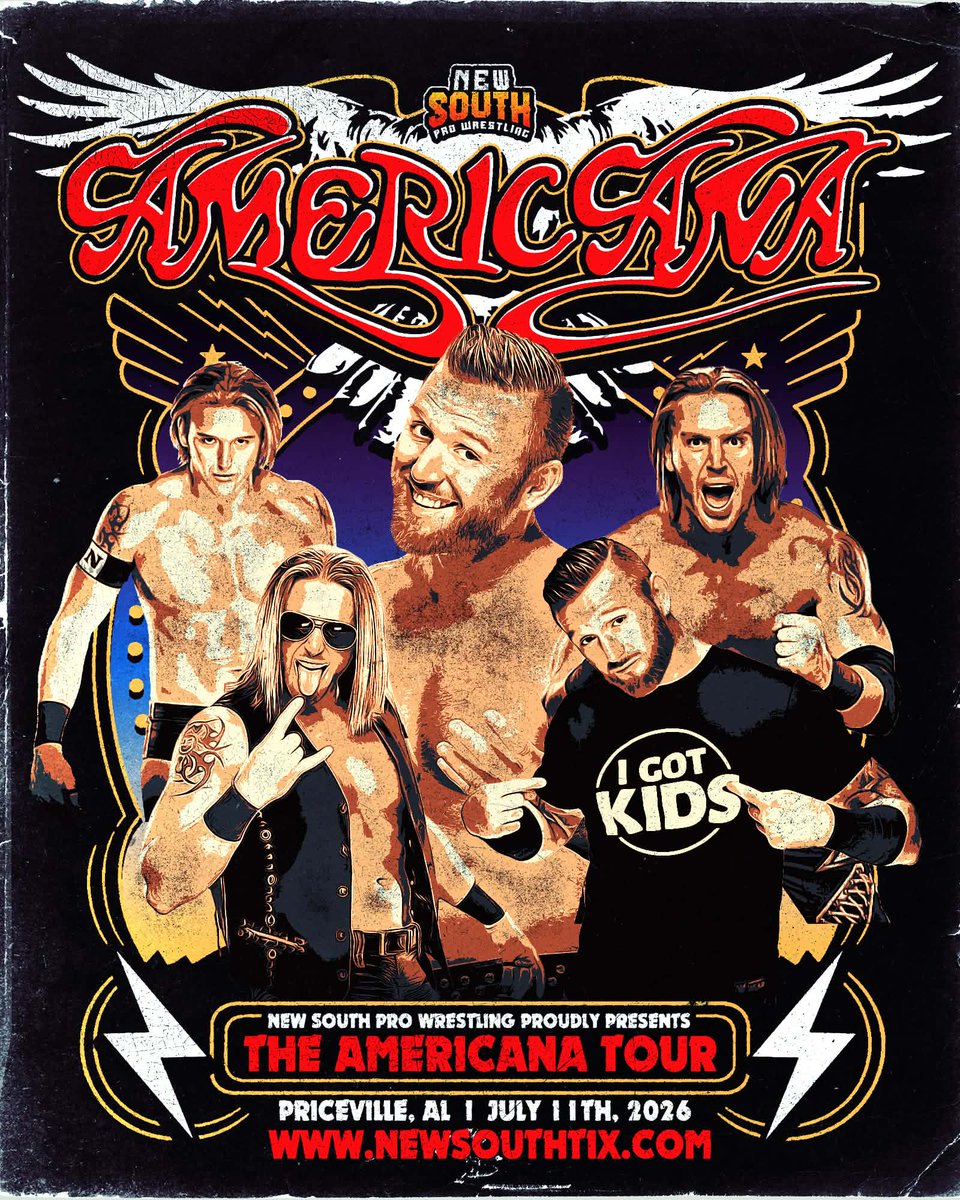 NewSouth_PW's tweet photo. BREAKING: Former WWE Superstar @HEATHXXII  debuts on Saturday, July 11 in Priceville, AL at Americana Priceville, kicking off our two-state MEGATOUR for Americana 250 Month!

From the villainous Nexus and The Corre factions, to rocking out with 3 Man Band, antagonizing WWE legends, and having KIDS & needing this job....

Heath is a multi-time WWE and TNA tag team champion with partners like Rhino and Justin Gabriel, extremely entertaining, and we are excited to have him at The Best in the South!

We need you to come out to Priceville Event Center and party with Heath on July 11th!!

Reserve your tickets to Americana: Priceville now at https://t.co/N6B6xbK6Dm