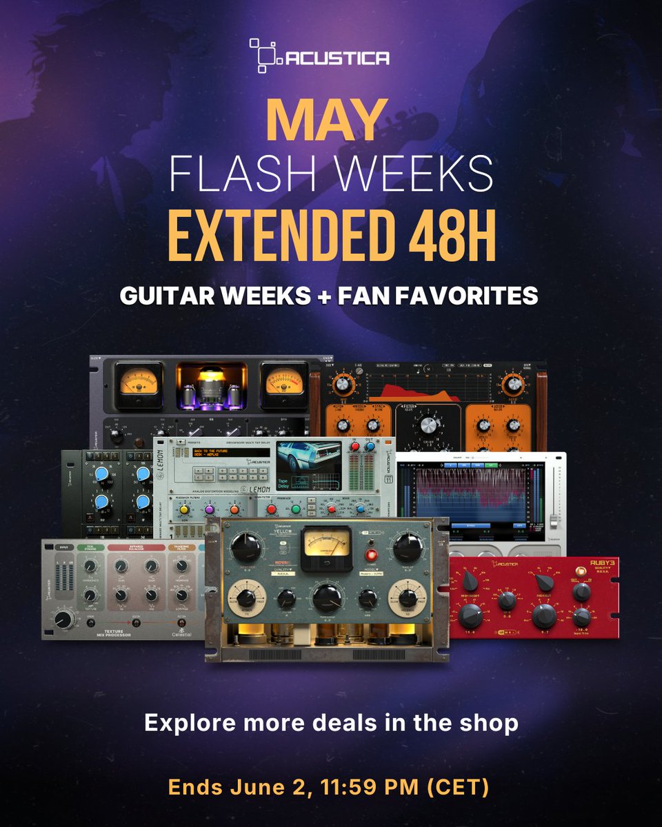 AcusticaAudio's tweet photo. Something left in the cart? This is your last call to grab professional mixing tools at unbeatable promotional prices.

Guitar Weeks + Fan Favorites are now extended until June 2, 2026, at 11:59 PM CET.

Explore more deals in the shop:
https://t.co/sIf9Aa2Ral https://t.co/NsSfh7r5mB